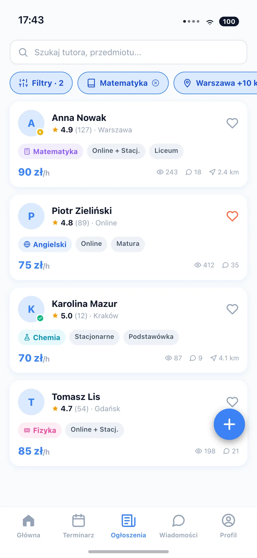 Wyszukiwarka korepetytorów z filtrami przedmiotu, lokalizacji i ceny